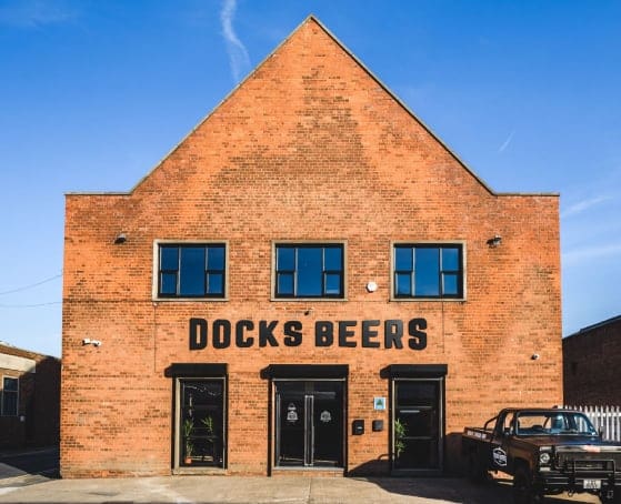 Photograph of Docks Beers, a Craft Beer Brewery located on King Edward Street in Grimsby. The brewery is located within an old church and retains many of the external features